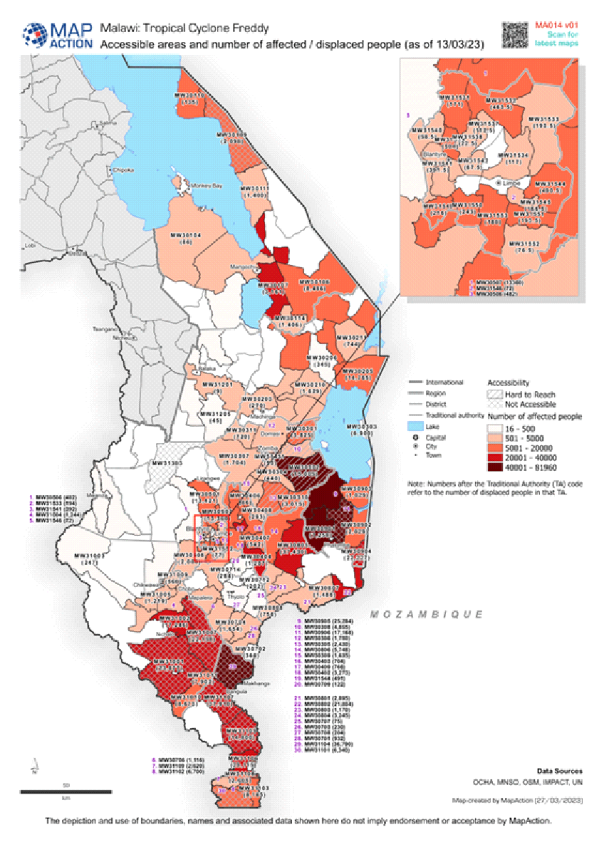 Figure 2. Accessible areas and numbers of affected and displaced people in Malawi following Cyclone Freddy, as of 13 March 2023. Produced 27 March 2023. Source: UNOCHA.