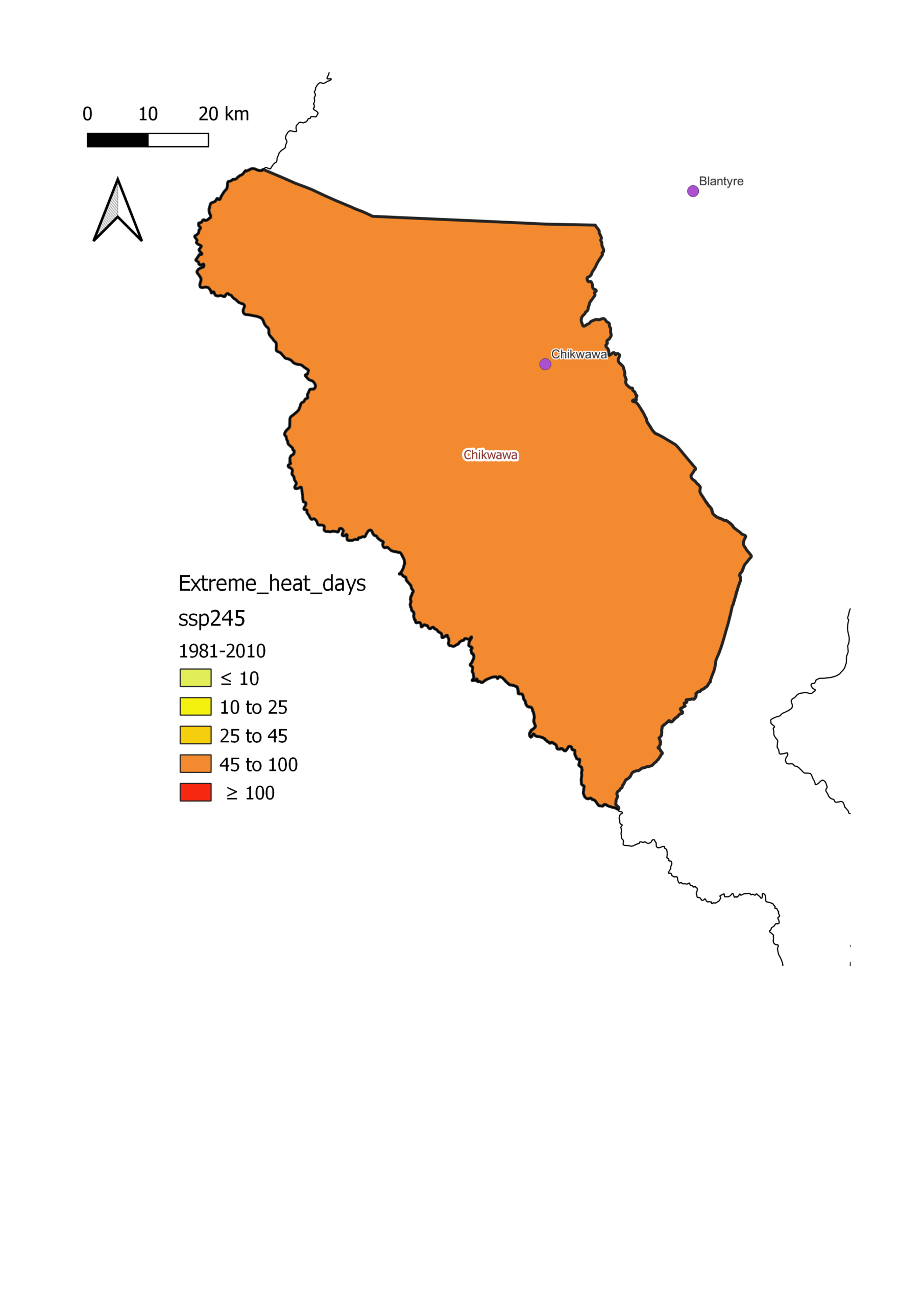 Heatwave days map, Chikwawa, baseline 1981–2010