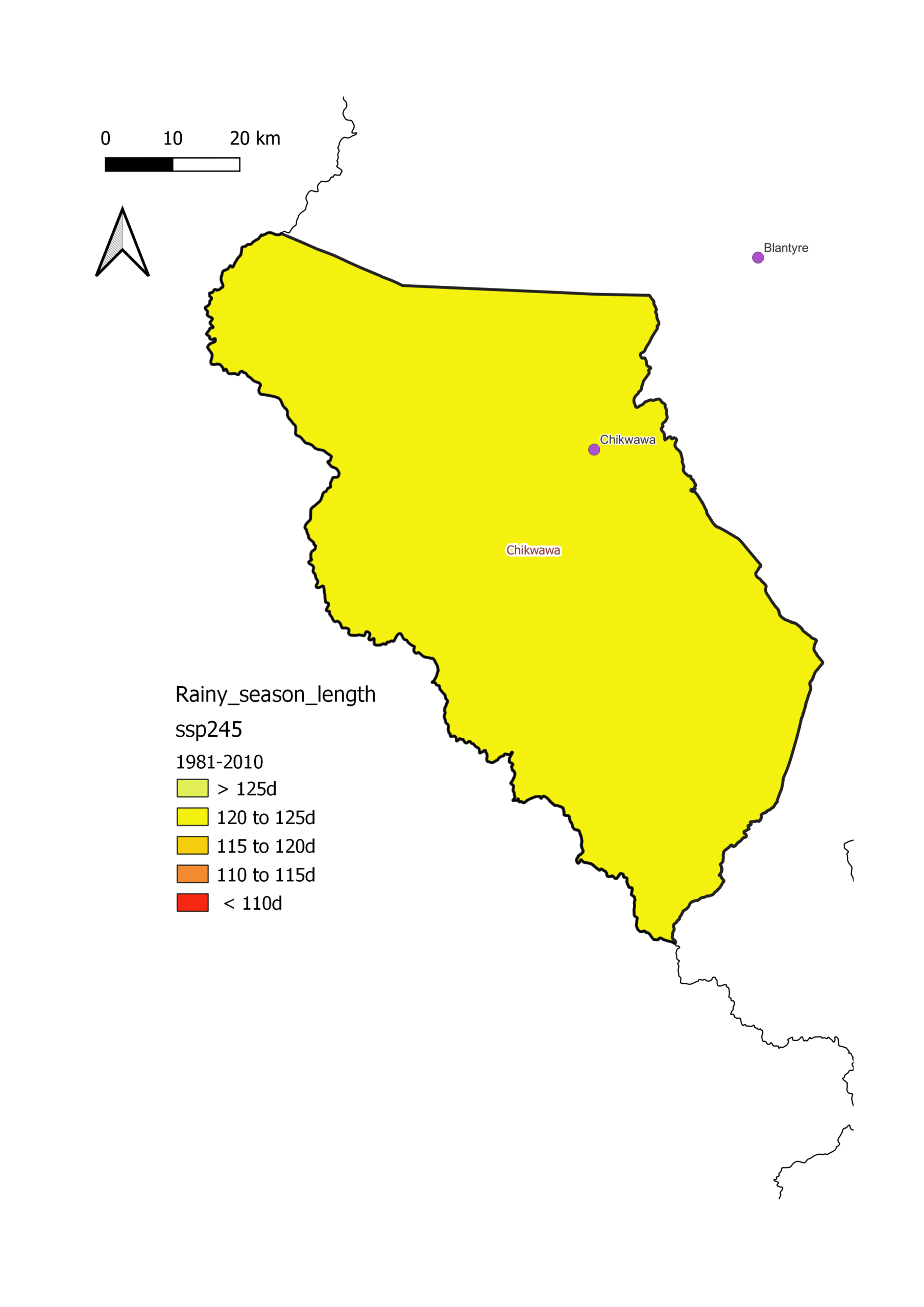 Length of the rainy season map, Chikwawa, baseline 1981–2010