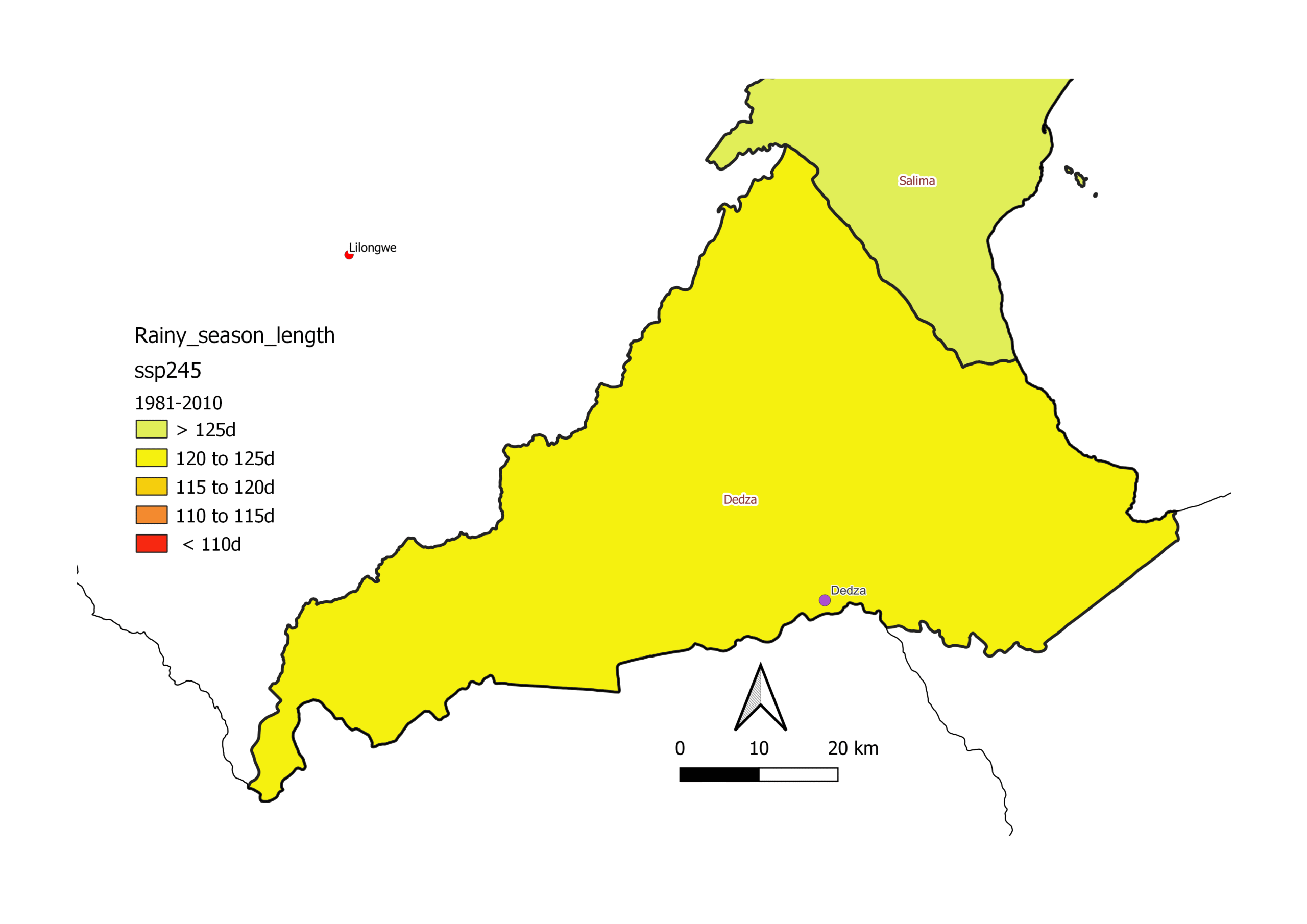 Length of the rainy season map, Dedza, baseline 1981–2010