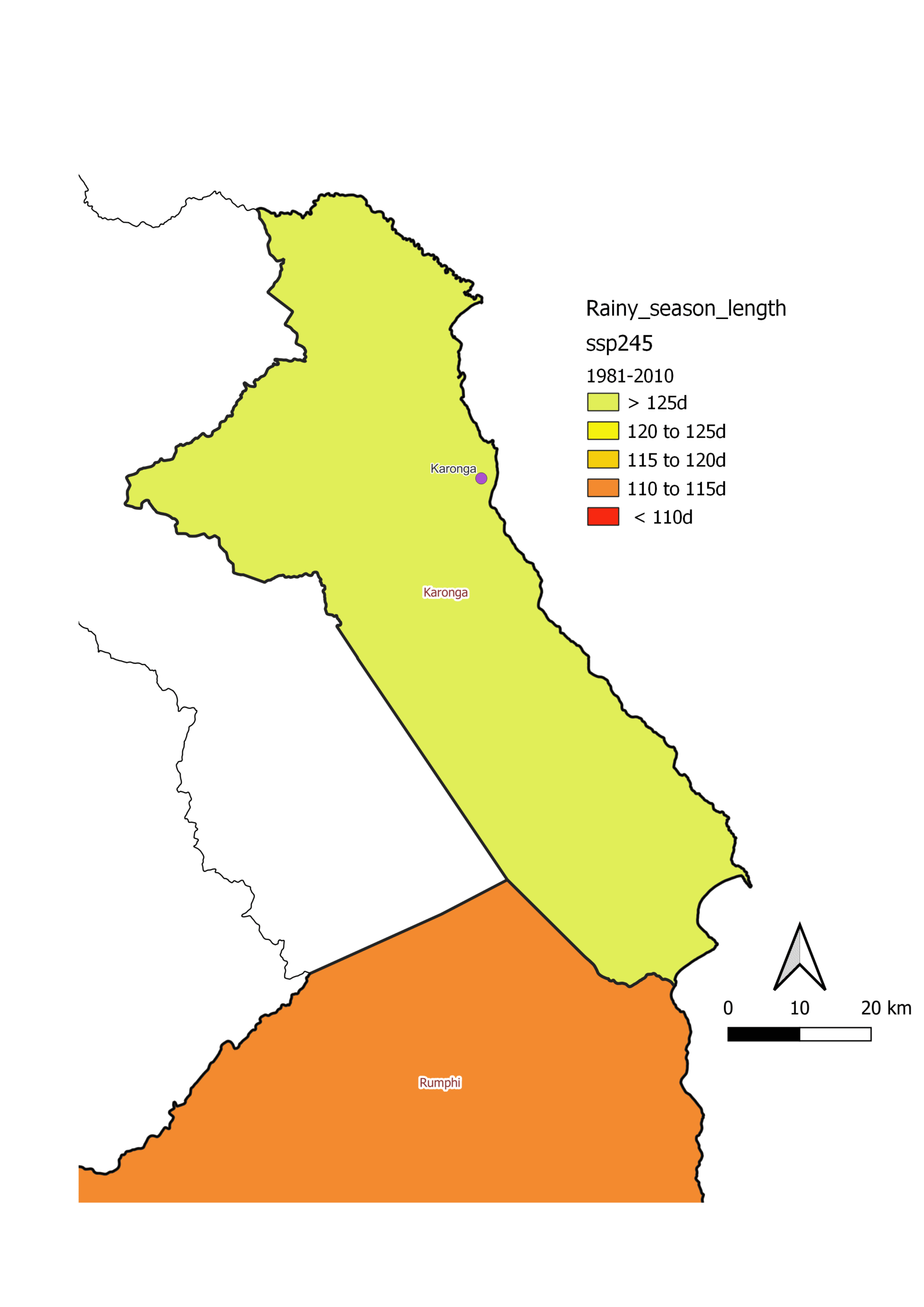 Length of the rainy season map, Karonga, baseline 1981–2010