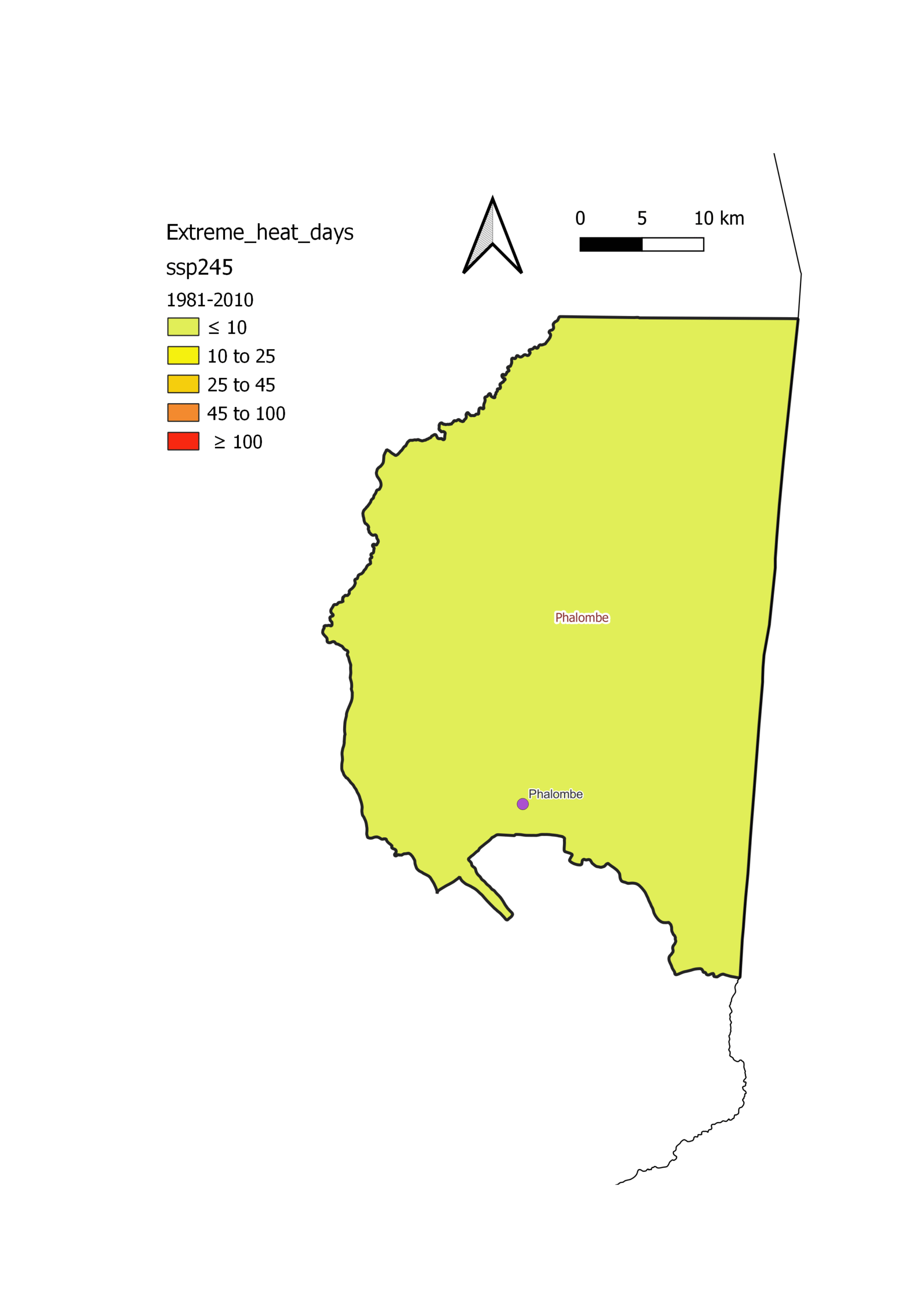 Heatwave days map, Phalombe, baseline 1981–2010