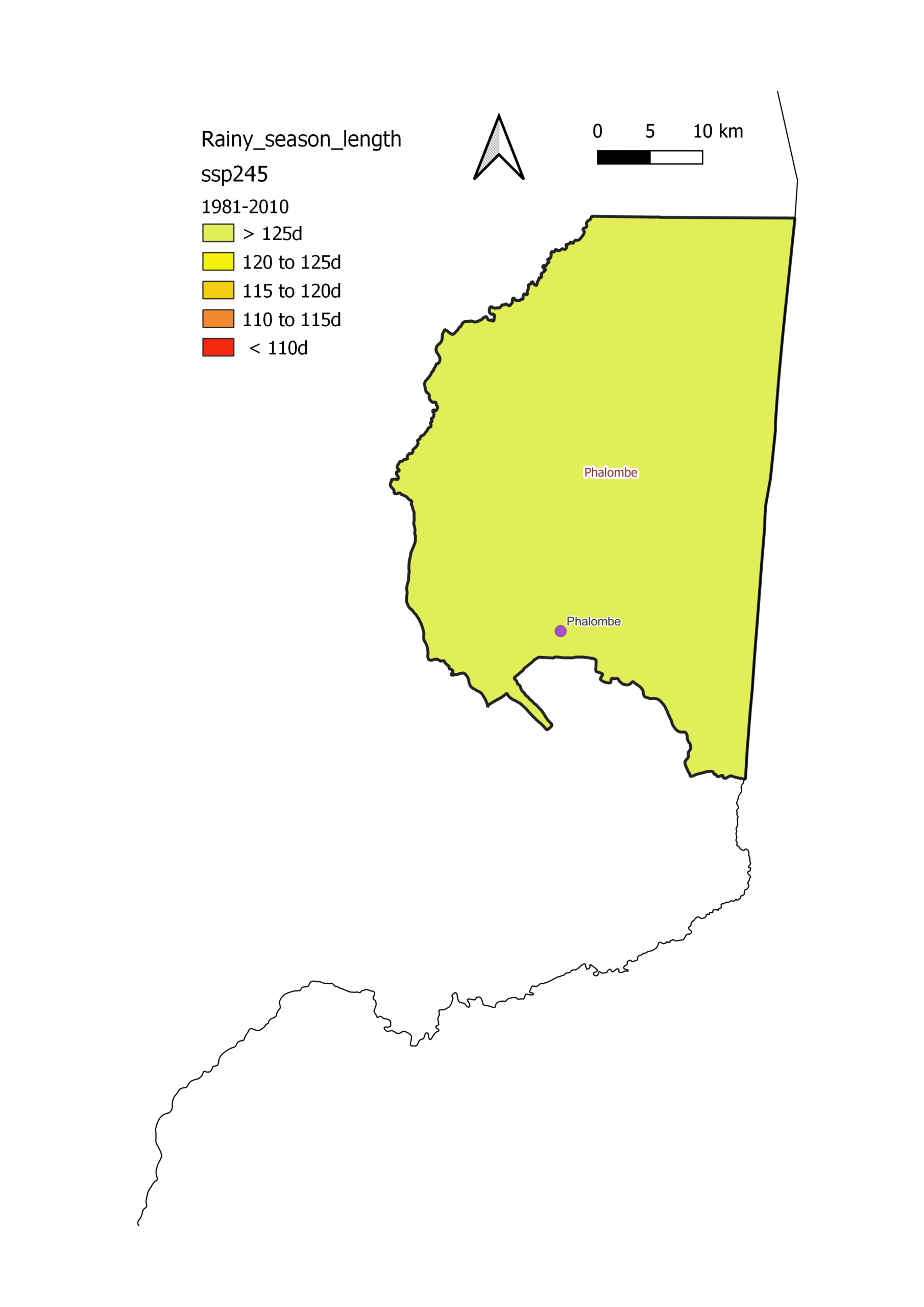 Length of the rainy season map, Phalombe, baseline 1981–2010