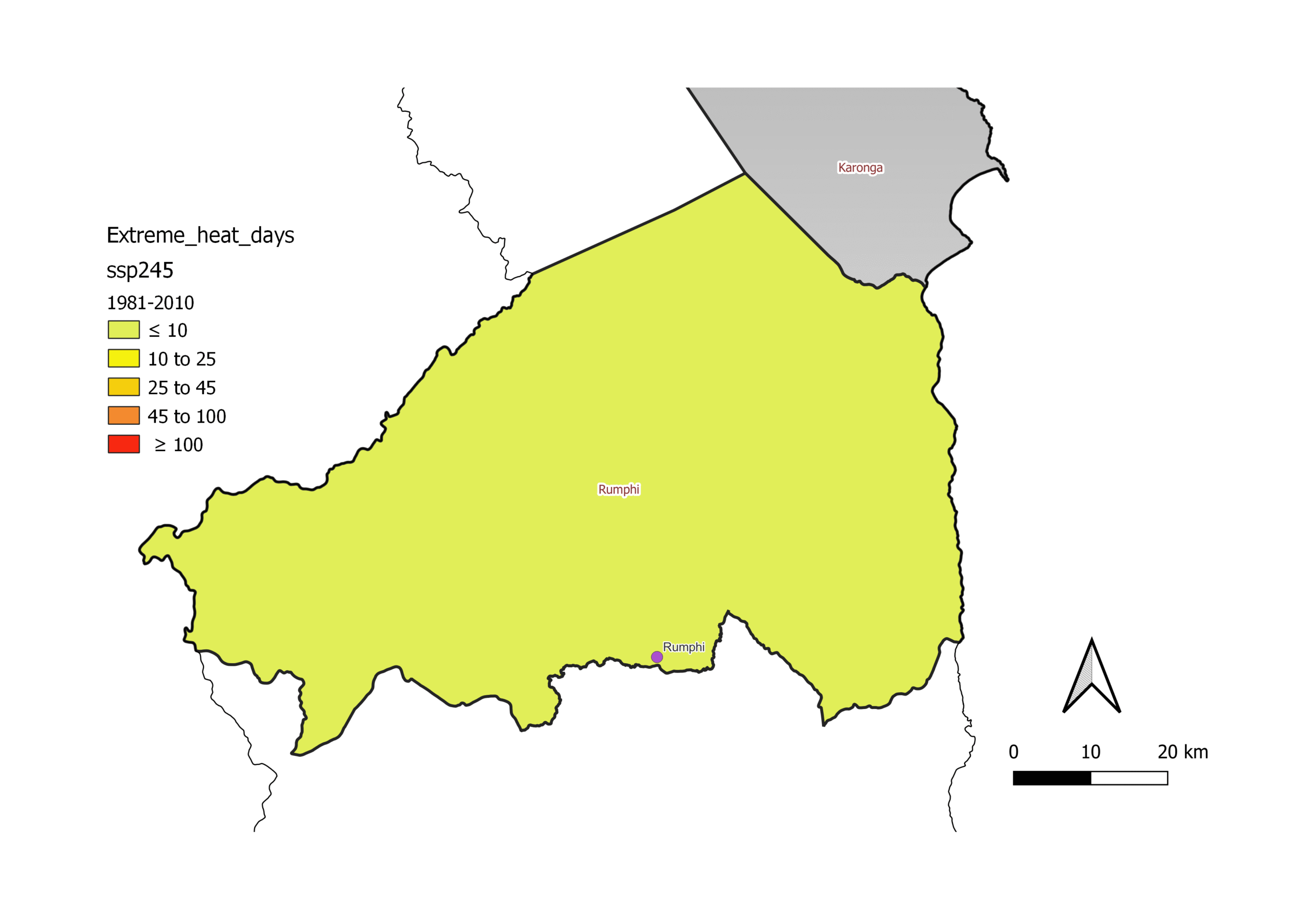 Heatwave days map, Rumphi, baseline 1981–2010