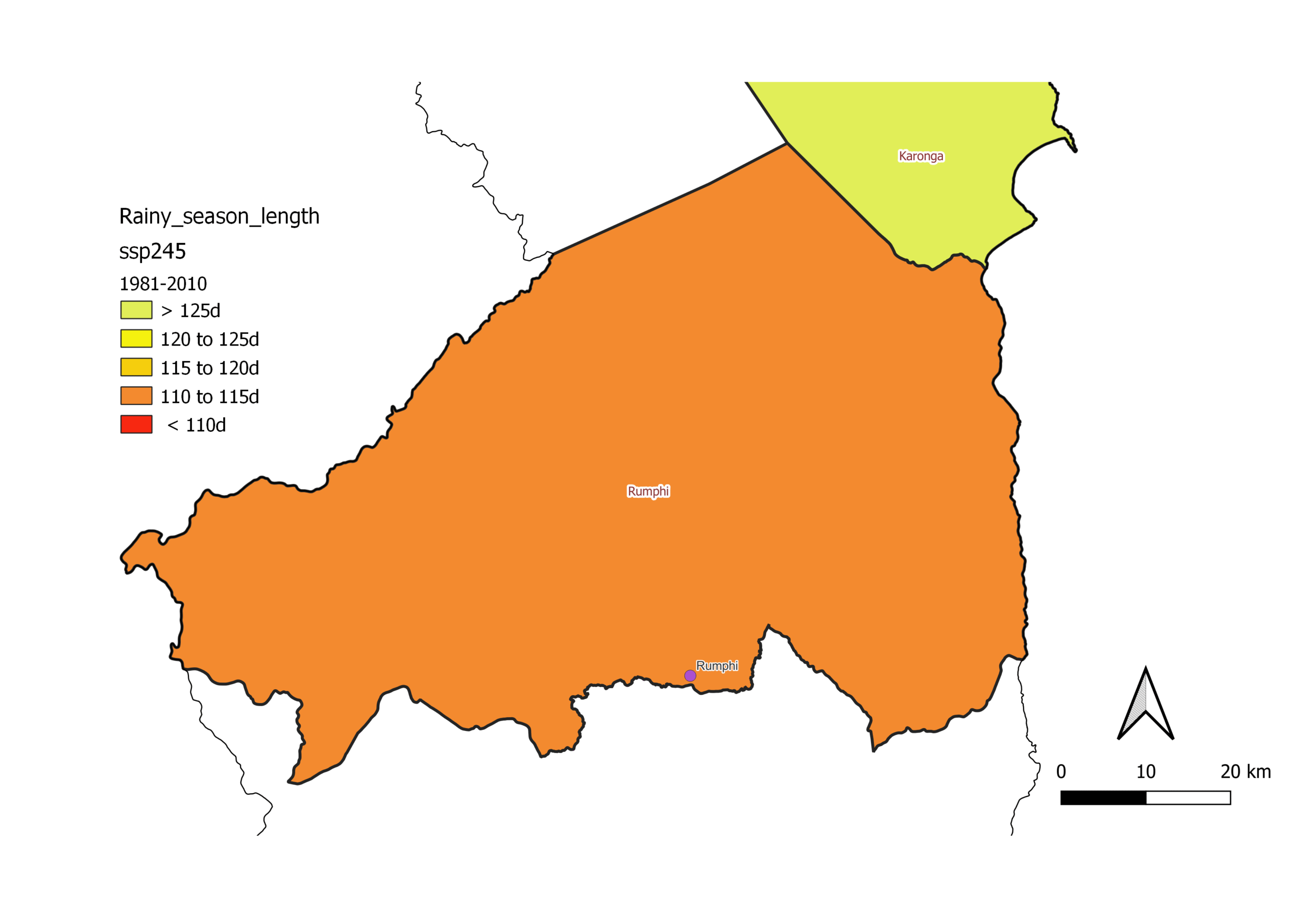 Length of the rainy season map, Rumphi, baseline 1981–2010
