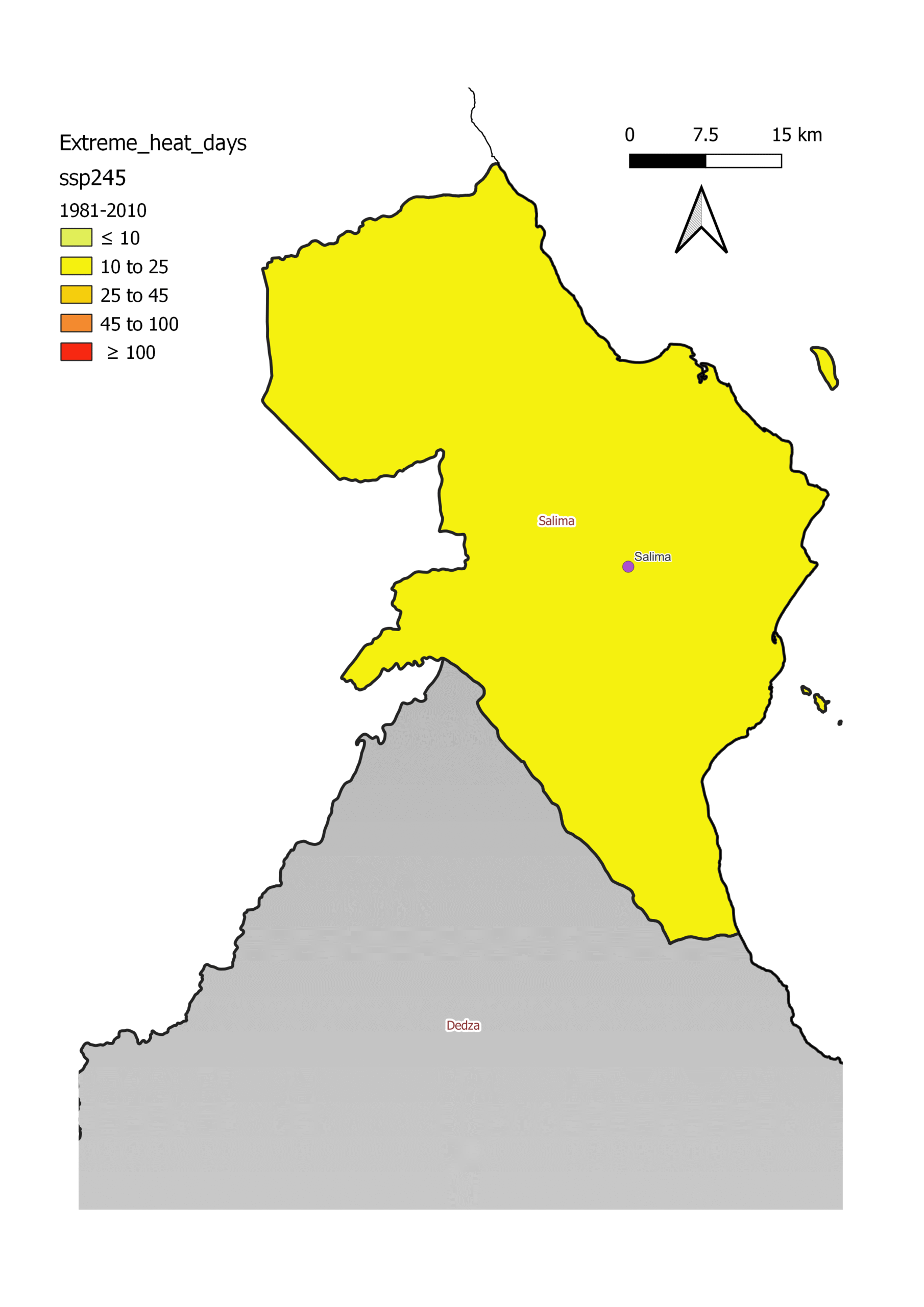 Heatwave days map, Salima, baseline 1981–2010
