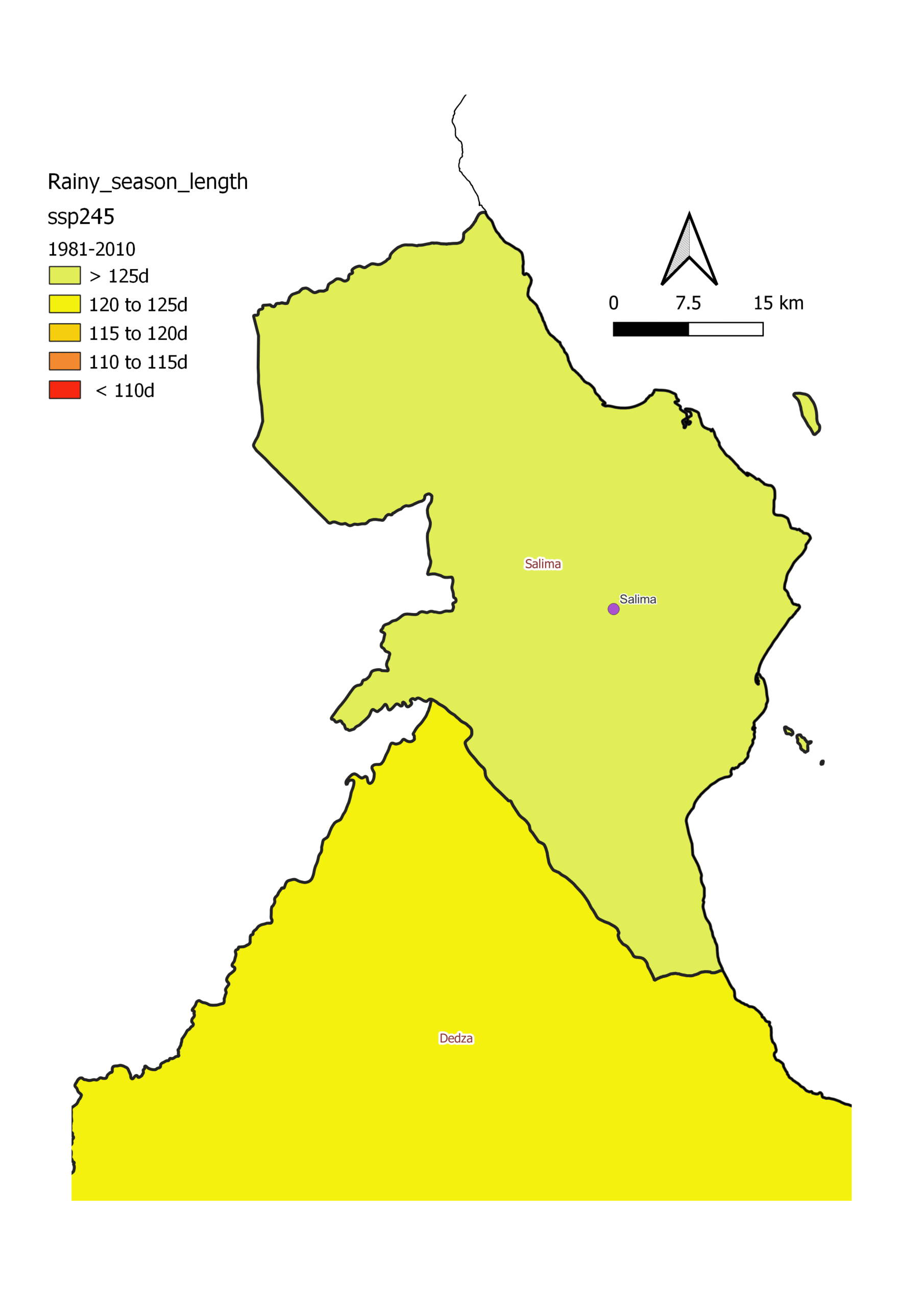 Length of the rainy season map, Salima, baseline 1981–2010