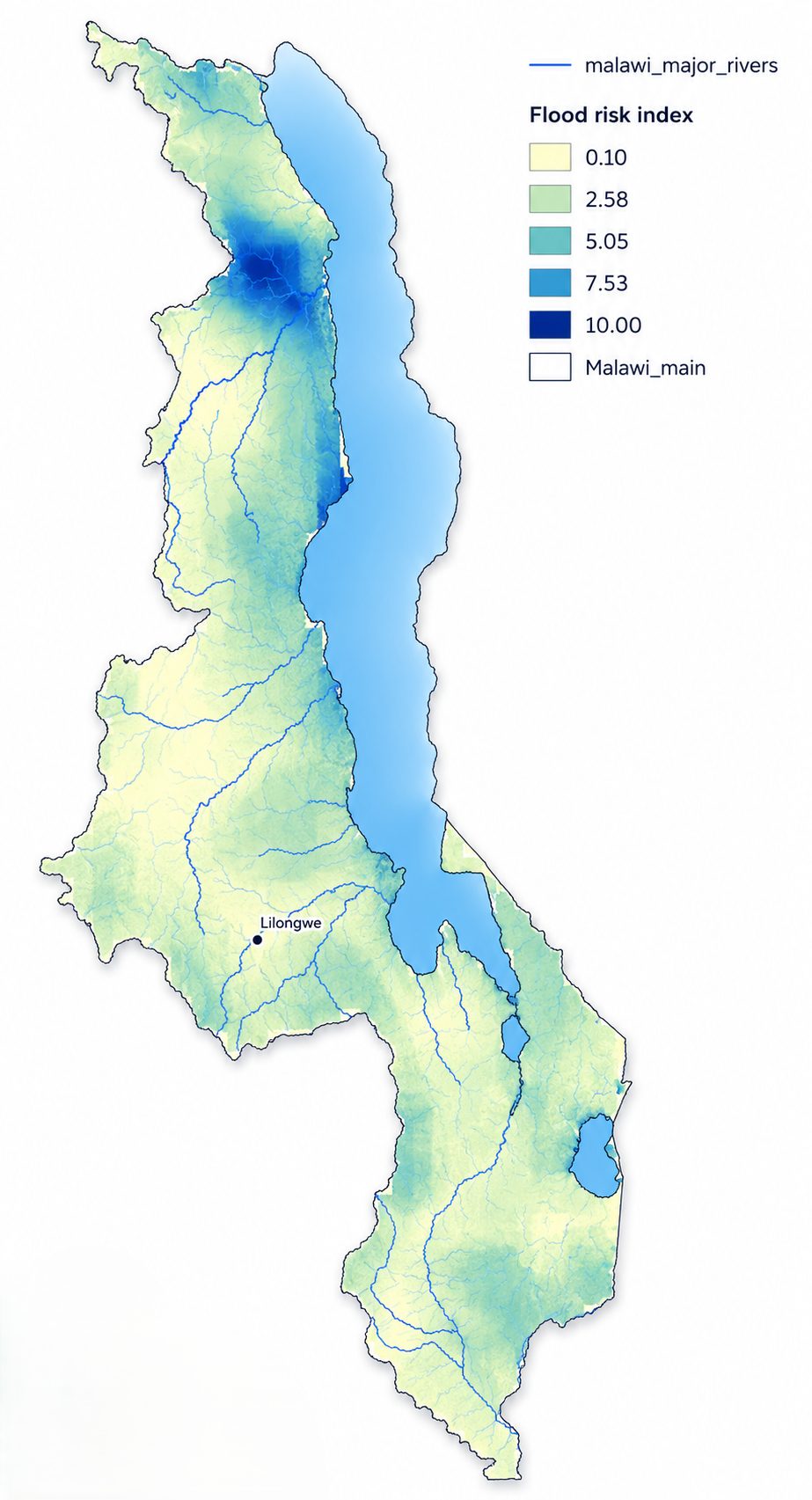Normalized flood risk index map of Malawi