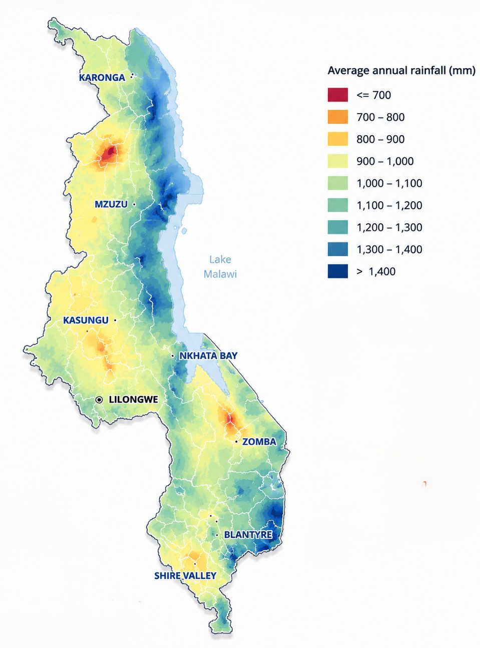 Average annual rainfall map of Malawi (1991-2020)