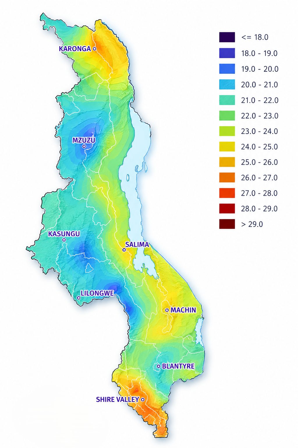 Average annual temperature map of Malawi (1991-2020)